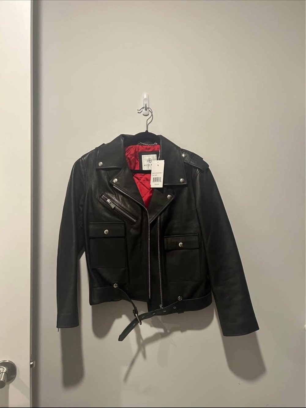 Anine Bing NEW Black Leather Biker Jacket with Red Lining